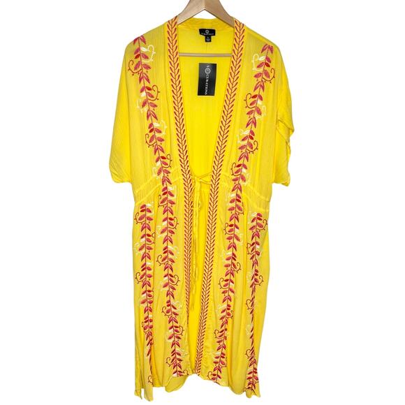 Curations Womens Kaftan Swim Coverup XL Yellow Pink Embroidered Resort Wear Boho - Picture 2 of 11